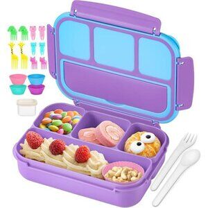 Bento Lunch Box with 4 Compartments Sauce Container Utensils Food Picks Purple